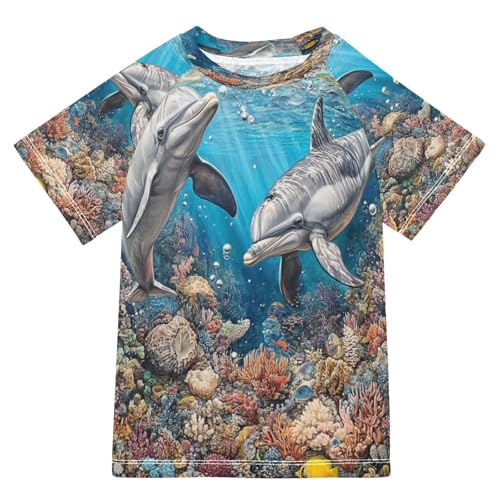 Boys Sun Shirts UV Protection Short Sleeve Rash Guard Swim Shirt Dolphin Water Shirt Rashguard 4T,2