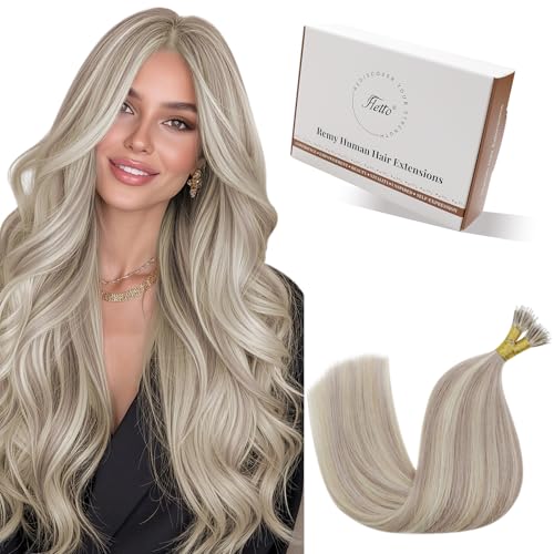 Hetto Nano Bead Hair Extensions Human Hair Highlight Ash Blonde to Bleach Blonde Nano Ring Hair Extensions Nano Tip Hair Extension Real Human Hair Straight 14 Inch 50s 50g