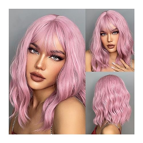 Perruque rose courte ondulée avec frange coupe carrée pour vos soirées cosplay