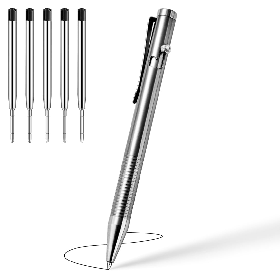 Origin-JoyTitanium Alloy Bolt Action Pen, Slim Lightweight EDC Pocket Tactical Pen With 5 Ballpoint Refills (Silver)