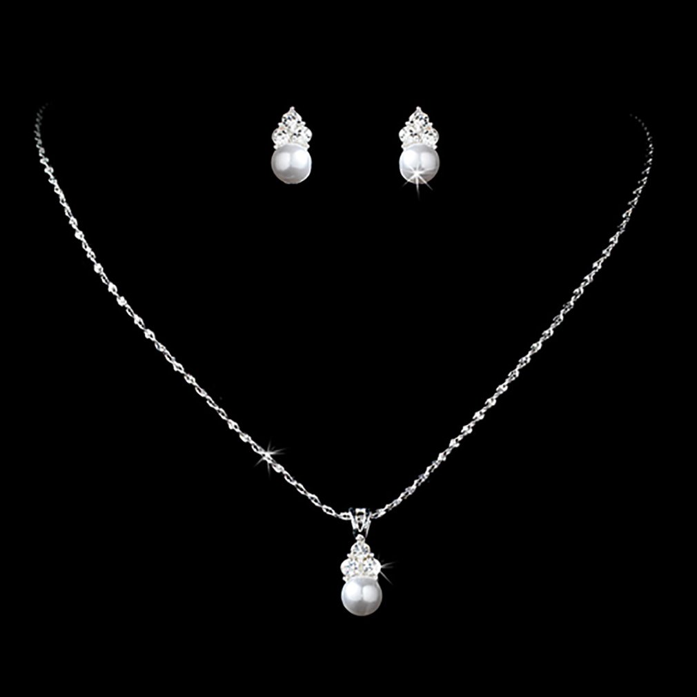 Accessoriesforever Bridal Wedding Prom Jewelry Set Crystal Rhinestone Pearl Simple Design Silver White
