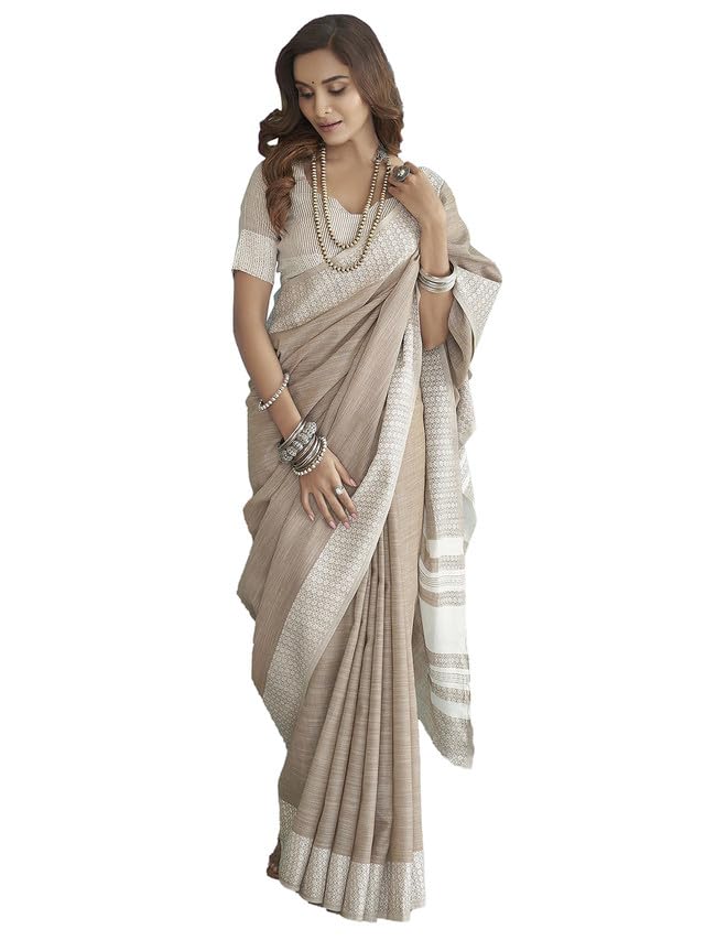 Satrani Women's Cotton Self Woven Saree With Unstitched Blouse Piece (3095S736N_Light Brown & White)