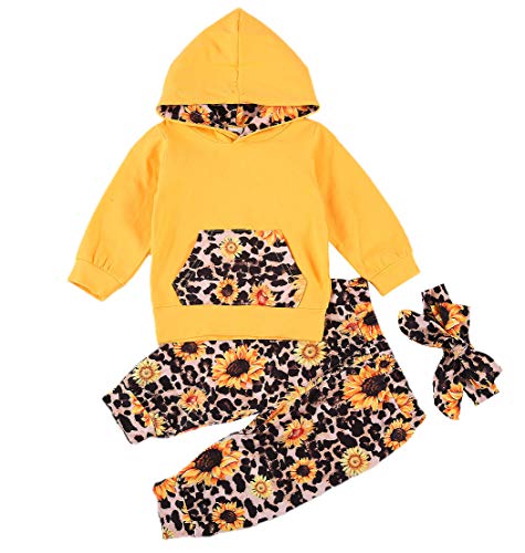 Baby Girl Outfit Cotton Suit Long Sleeve Hoodies Top and Pants with Pocket Leopard Fall Winter Clothes (Yellow, 18-24 Months)