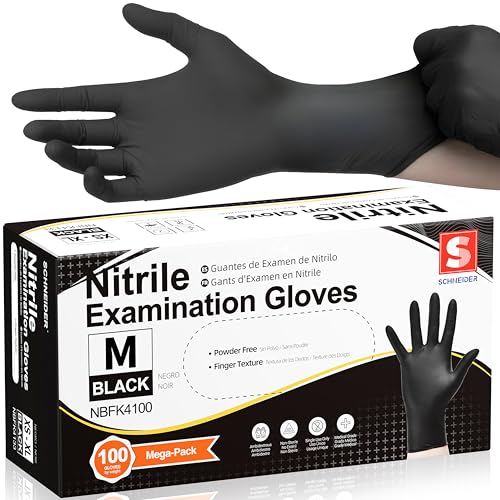 Schneider Black Nitrile Exam Gloves, Box of 100, Latex Free & Powder Free Disposable Gloves, for Medical, Food Prep & Cleaning, Medium