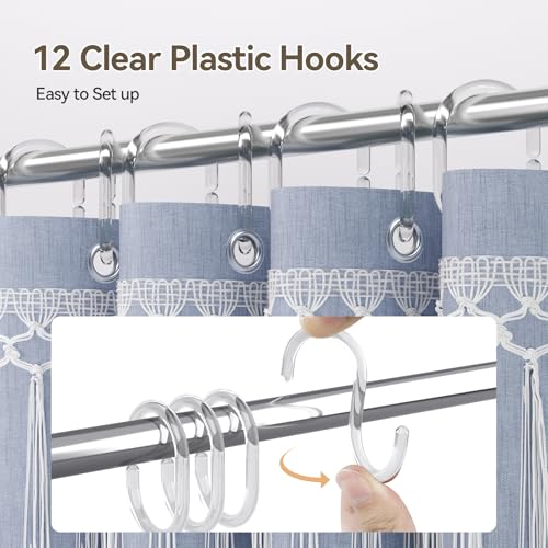 Image of AmazerBath Blue Boho Shower Curtains for Bathroom, Farmhouse Shower Curtain with Top Tassels, Blue Shower Curtain Set, Faux Linen Fabric Shower Curtain with 12 Hooks, Hotel Quality, 72x72 Inches
