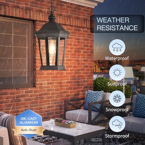 Image of Large Outdoor Pendant Light 17.9 inch Black Hanging Lantern Lights