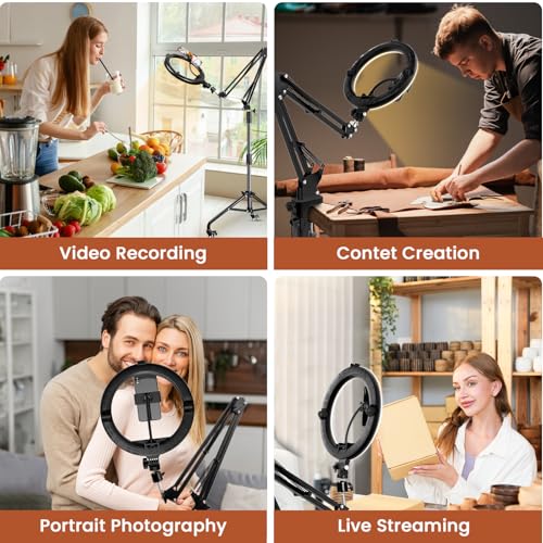 Overhead Phone Tripod for Cooking Videos with Casters, Ring Light with Stand Overhead Phone Mount Holder, Selfie Light Stand for Video Recording, Vlog, TikTok
