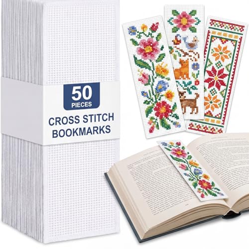Fuyoooo 50 Pcs Blank Cross Stitch Bookmarks 14 Count Cotton Fabric DIY Book Markers 2.8 x 7.6 Inch White Embroidery Edge for Ladies Craft Night Book Lovers Gift