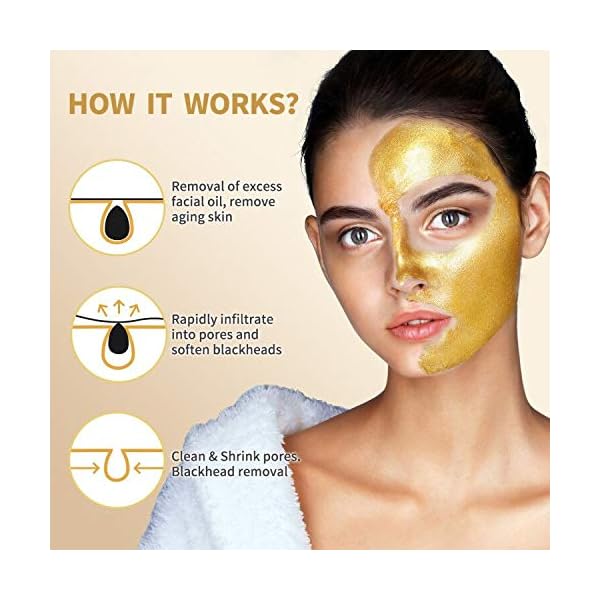Blackhead Remover Mask, 24K Gold Peel Off Mask, Gold Facial Mask Anti-Aging, Deep Cleansing, Reduces Fine Lines＆ Wrinkles Great for All Skin, With Blackhead Remover Extractor Tools Kit & Mask Brush