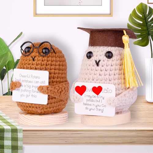 Image of Funny Crochet Potatoes, Handmade Emotional Support Wool Knitted Potato Doll Gifts with Wooden Base for Car Home Office(White&Yellow)