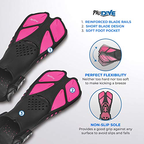 Prodive Snorkel Diving Fins – Adjustable Open-Heel Swim Fins, Short-Blade Snorkeling, Diving Flippers Add Efficiency To Swimming Diving, Adult Men Women Kids Sizes, Great Fin For Travel (Dk Pink Xs) #TOP2