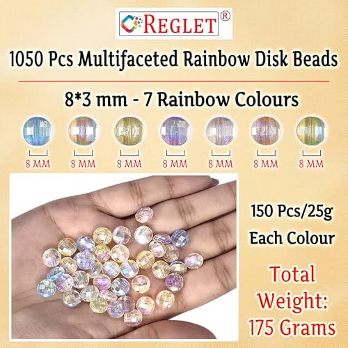 Image of 1050 Pcs Multifaceted Raindow Disk Beads for Jewellery Making Kit - Beads for Bracelet Making Kit - Bead Craft - Acrylic - Multicolour - 8mm*3mm - 175g