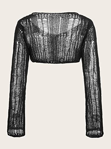 Image of Verdusa Women's Hollow Out Sheer Long Sleeve Sweater Knit Crop Pullover Top