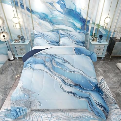 Blue Marble Bedding Set Blue Tie Dye Silver Comforter Set Queen Size,Watercolor 