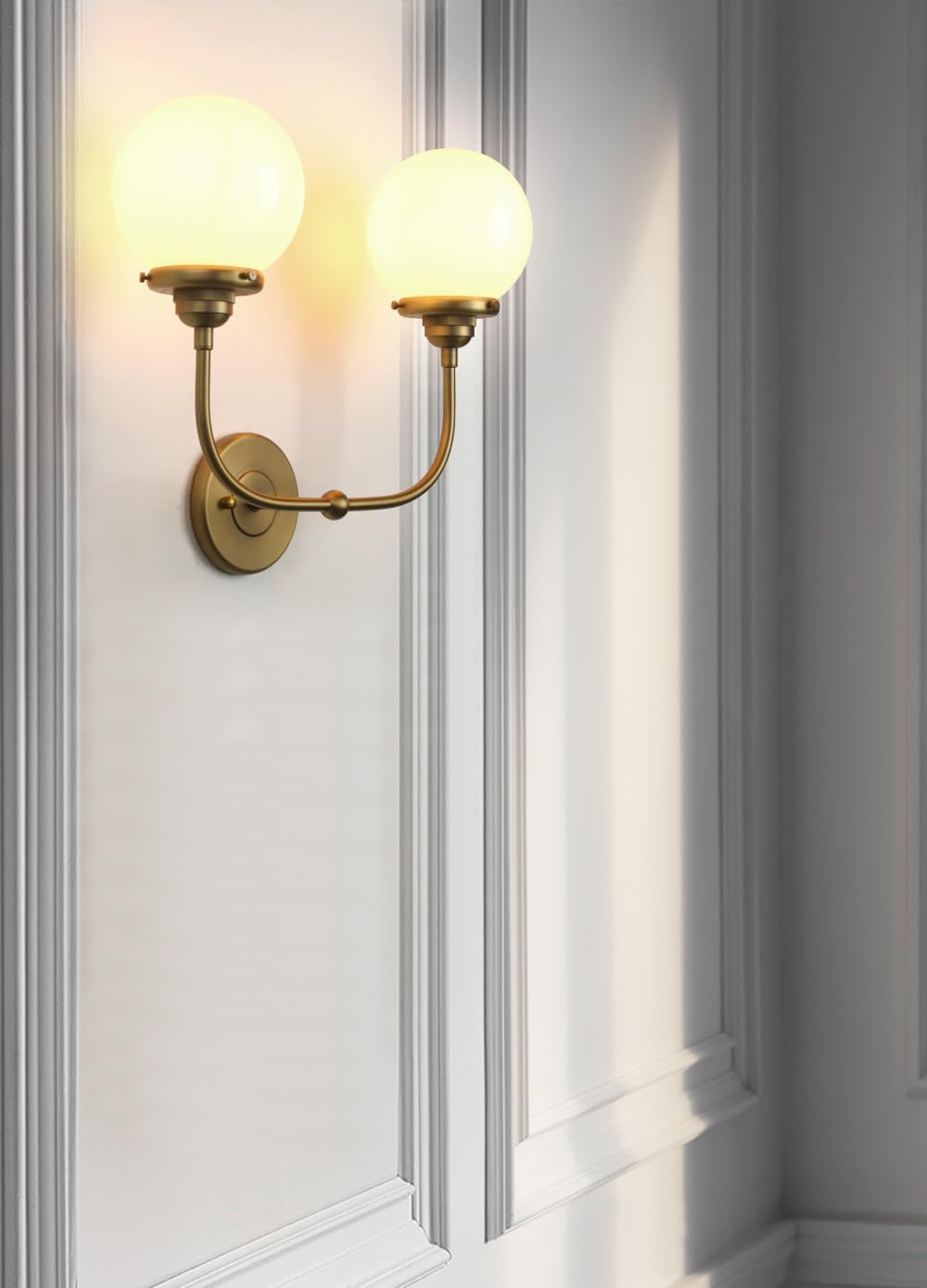 PERMO Vanity Light Classic Gold Double Sconce with 5.9" Round Globe Milk White Glass Shade Bathroom 2 Lights Sconces for Bedroom Living Room Hallway