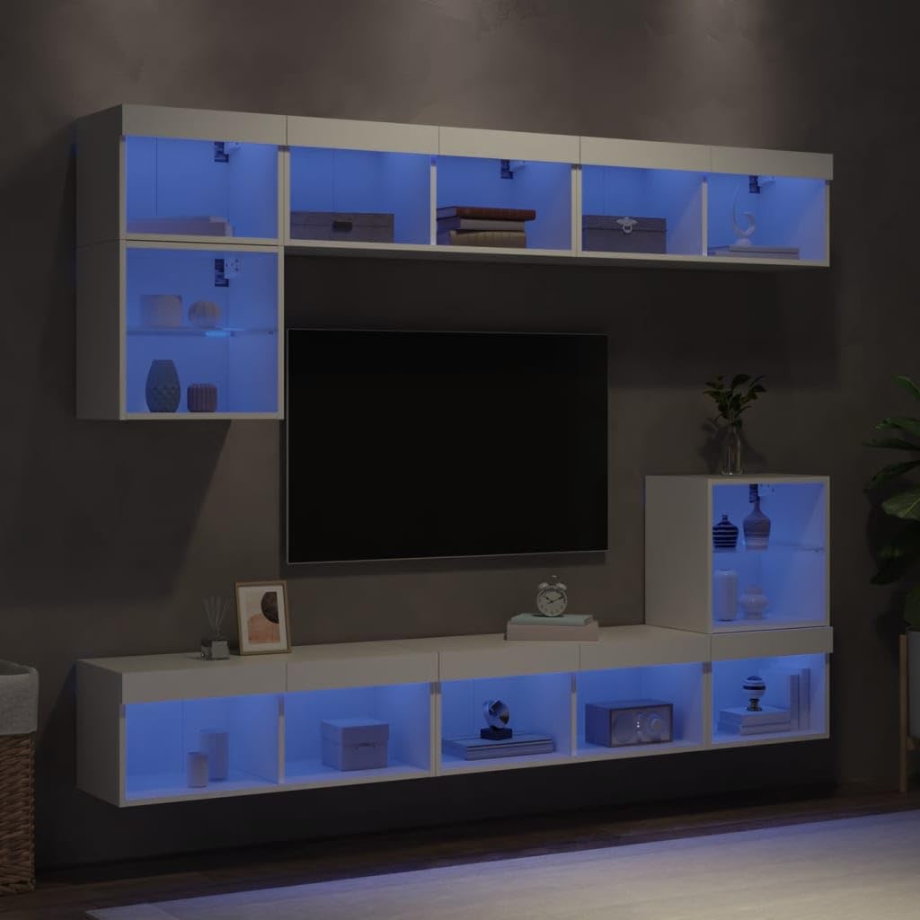 8-częściowy zestaw mebli TV z oświetleniem LED RGB, biały, montowany na ścianie, z tworzywa drewnopochodnego, odporny na wilgoć, dużą przestrzenią do przechowywania książek