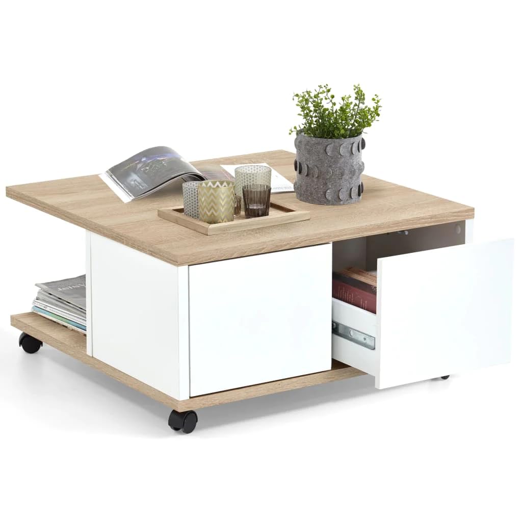 Table basse FMD carrée chêne et blanc brillant avec tiroirs et roulettes pour salon moderne