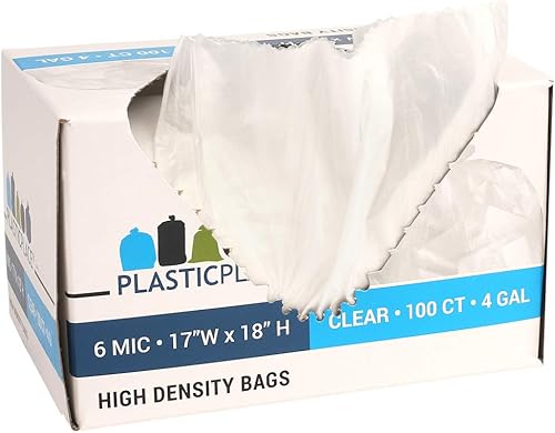 Plasticplace - Bolsas de basura, 4 galones, 6 micras, bolsas transparentes de alta densidad para botes de basura, 17 x 18 pulgadas, 100 unidades