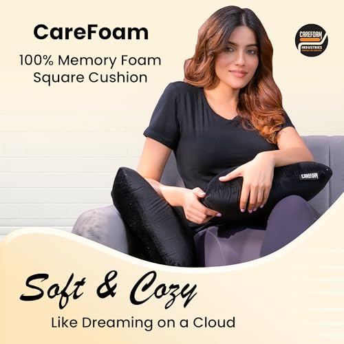 Image of CareFoam Memory Foam Square Cushion for Car, Sofa /Diwan, Bed, Chair & Decoration | Highly Durable, Hypoallergenic | 14 inchx 14 inch x 4 inch | Velvet Cover | Black, Pack of 5