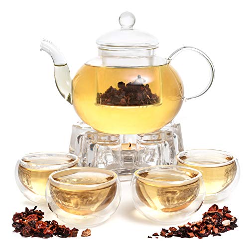 9 PCS Glass 28oz Tea Kettle Infuser Gift SetBorosilicate Glass Teapot with removable glass strainer 4 cups of 2oz 60 ml each Glass Crystal Warmer Heating Base By Moss Stone
