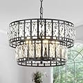 Tunkayli Dining Room Chandeliers K9 Crystal Black Metal Chandelier Modern 2-Tier Drum Farmhouse 16in Contemporary Round Light Fixture for Bedroom Entryway Kitchen Island Living Room
