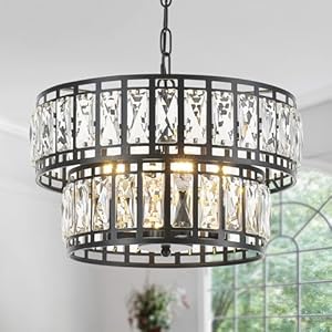Dining Room Chandeliers K9 Crystal Black Metal Chandelier Modern 2-Tier Drum Farmhouse 16in Contemporary Round Light Fixture for Bedroom Entryway Kitchen Island Living Room