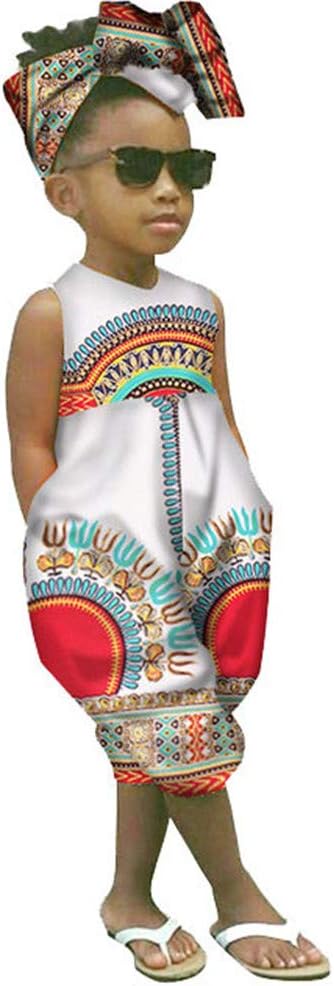 WOCACHI Toddler Baby Girls Overall, African Boho Outfits Sleeveless Harem Romper Jumpsuit Bodysuit with Headband