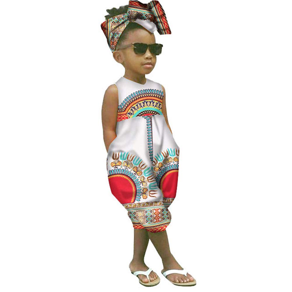 WOCACHI Toddler Baby Girls Overall, African Boho Outfits Sleeveless Harem Romper Jumpsuit Bodysuit with Headband