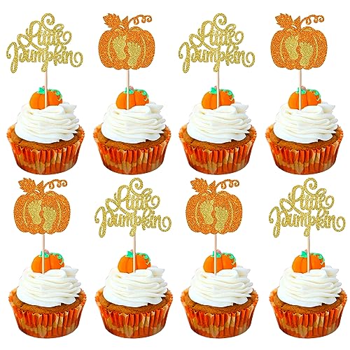 24 Pack Little Pumpkin Cupcake Toppers Glitter Pumpkin Cupcake Picks Thanksgiving Baby Shower Cupcake Decorations for Fall Harvest Baby Kids Birthday Party Supplies Orange
