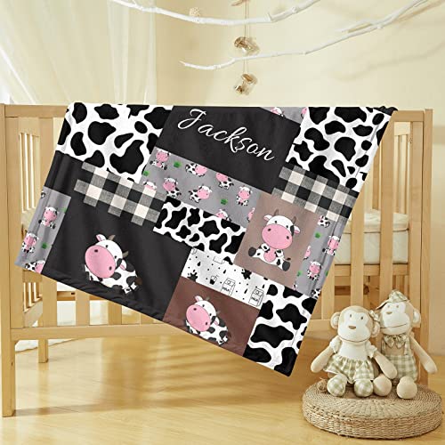Munific Personalized Cow Print Baby Blanket With Name - Custom Boy's Girl's Cartoon Cute Cow Milk Nursery Theme - Toddler Minky Blankets - Personalized Name Plaid Quilt Style Blanket #TOP1