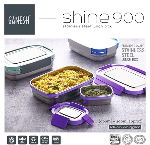 Image of Ganesh Shine Stainless Steel Airtight Leak-Proof Lunch Box for Office, School, Picnic - 900 ml - Blue