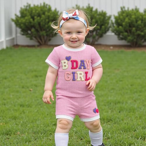 Babieshouse Baby Girl Birthday Outfits Waffle Short Sleeve Birthday Girl Shirt and Elastic Shorts Set Toddler Summer Clothes4