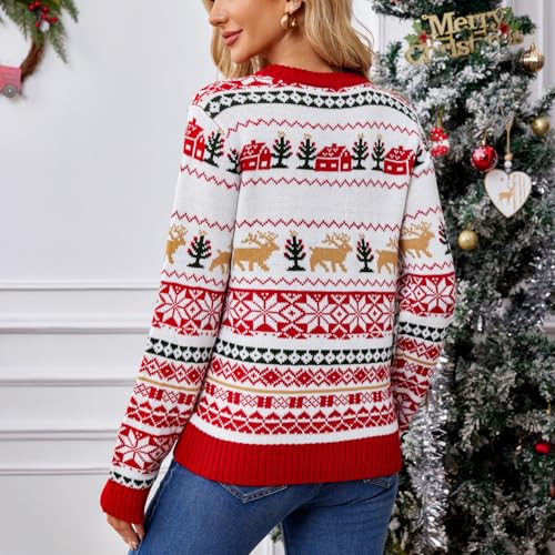 Velius Women Crewneck Ugly Elk Funny Christmas Tree Long Sleeve Pullover Sweater2
