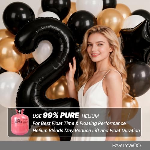 Image of PartyWoo Black Number 2 Balloon 40 Inch 25pcs Black Foil Star White Gold