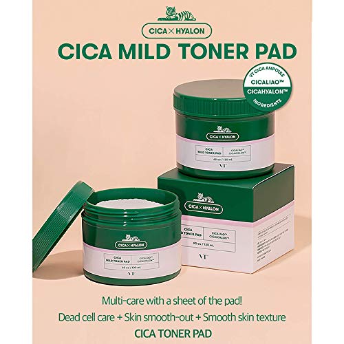 Vt Cosmetics Cica Mild Toner Pad (60 Pads), Facial Toner Pads For Daily Use - Exfoliating, Hydrating, Soothing, Ph Balancing Toner With Bha, Centella Asiatica Extract, Hyaluronic Acids #TOP1