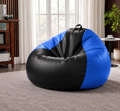 Image of Sattva Classic 3XL Bean Bag Chair with Beans Filled | Faux Leather Sofa Style Beanbags with Filled Beans | Bin Bags Sofa & Beam Bag for Adults, Home & Office (Pre-Filled) - Black & Royal Blue