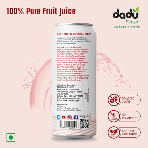 Image of Dadu Fresh Mixed Berries Juice | Pure Natural Juice | Not from Concentrate | No Added Sugar | No Preservatives or Artificial Flavors | Blend of Strawberries, Blueberries, Mulberries & Raspberries | 250ml (Pack of 4)