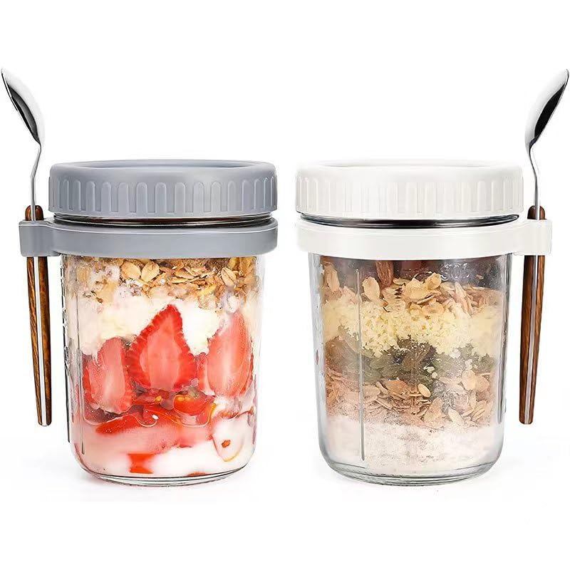 PIQIUQIU Overnight Oats - Juego de 2 tarros de avena, con tapa y cuchara, 400 ml, taza de cereales...