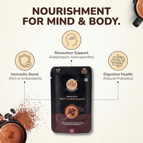 Image of Ella Foods Probiotic Instant Hot Chocolate Powder (27g Sachets Pack of 7) | Sugar Free Hot Chocolate with Natural Coconut Sugar | Healthy Mix with Ashwagandha for Immunity Boost & Whole Milk