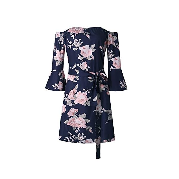 SVALIY Women Off Shoulder Ruffles Floral Tunic Casual Party Shift Short Dress (M, Navy)