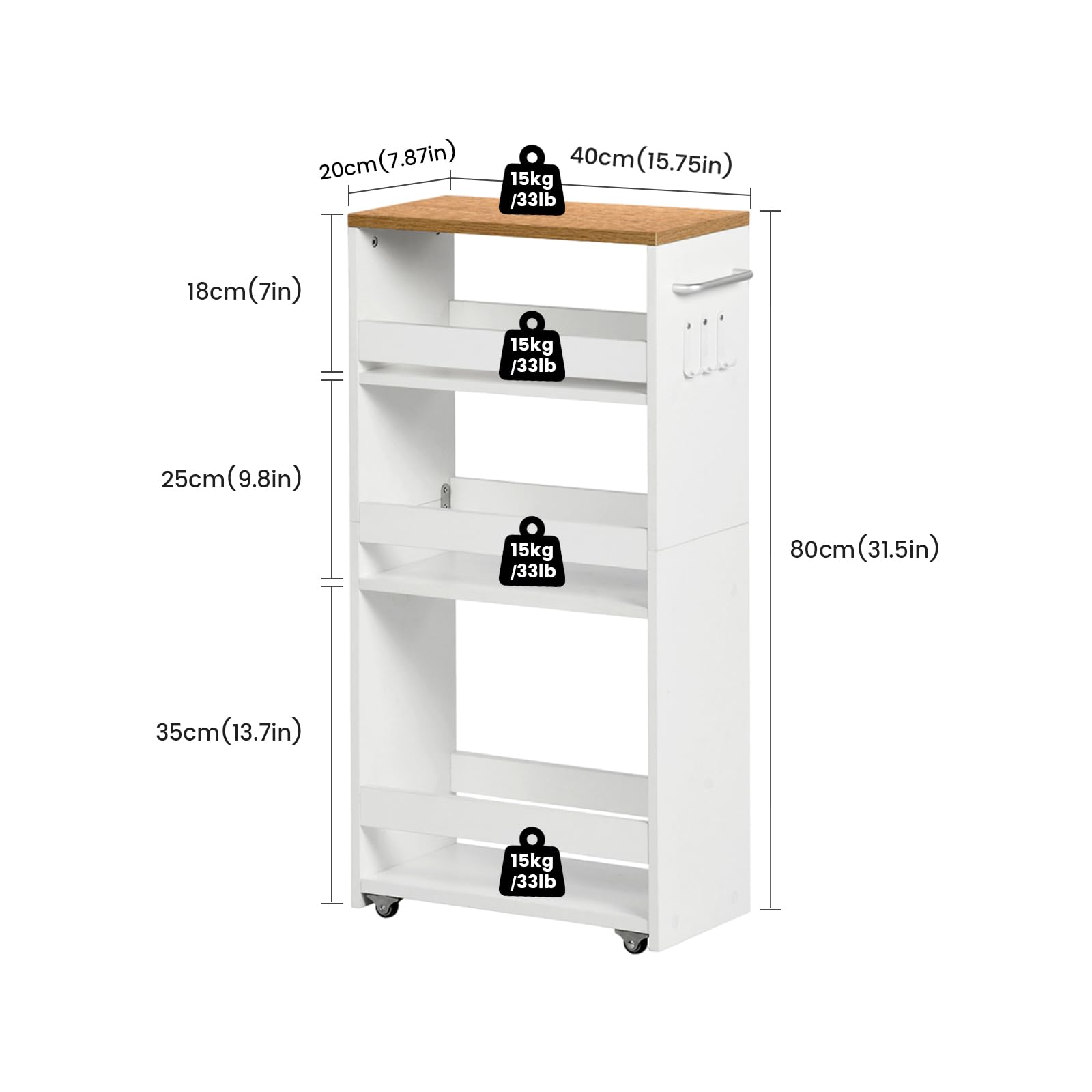 Chariot de Rangement 20 cm à roulettes, Desserte de Cuisine à 4 Niveaux avec Poignée Latérale et Crochets, Design Étroit pour Petit Espace, Salle de Bain, Salon, Bureau, Naturel et Blanc