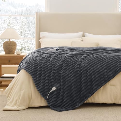 Bedsure Electric Blanket Full Size - Thick Striped Flannel Heated Blanket with 6 Heat Settings, Heating with 10 Time Settings, 8-Hour Timer Auto Shut Off, Gift for Grandma (72x84 inches, Grey)