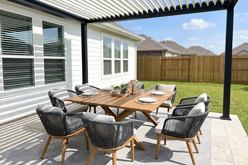 Image of PURPLE LEAF 9 Pieces Outdoor Metal Furniture Set Patio Conversation Sets Wood Pattern Dining Set, 1 Dining Table and 8 Modern Chairs with Cushions Seat