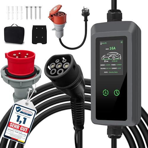 BETUMODA Mobile Wallbox 11 kW Typ 2 Ladekabel 816 A 3-Phasig 6.8m mit Einstellbarer Ladeleistung Einstellbarer Startzeit CEE 16 A auf Typ 2 Ladekabel für alle EVs (IEC 62196-2) und PHEVs