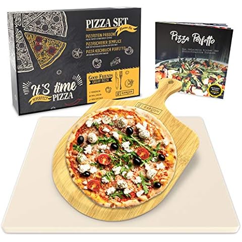 Garcon Pizzastein für Backofen und Gasgrill - Vergleichssieger 2019-3er Set inkl. Pizza Stone, Pizzaschieber & Kochbuch zum Pizza Backen Cover