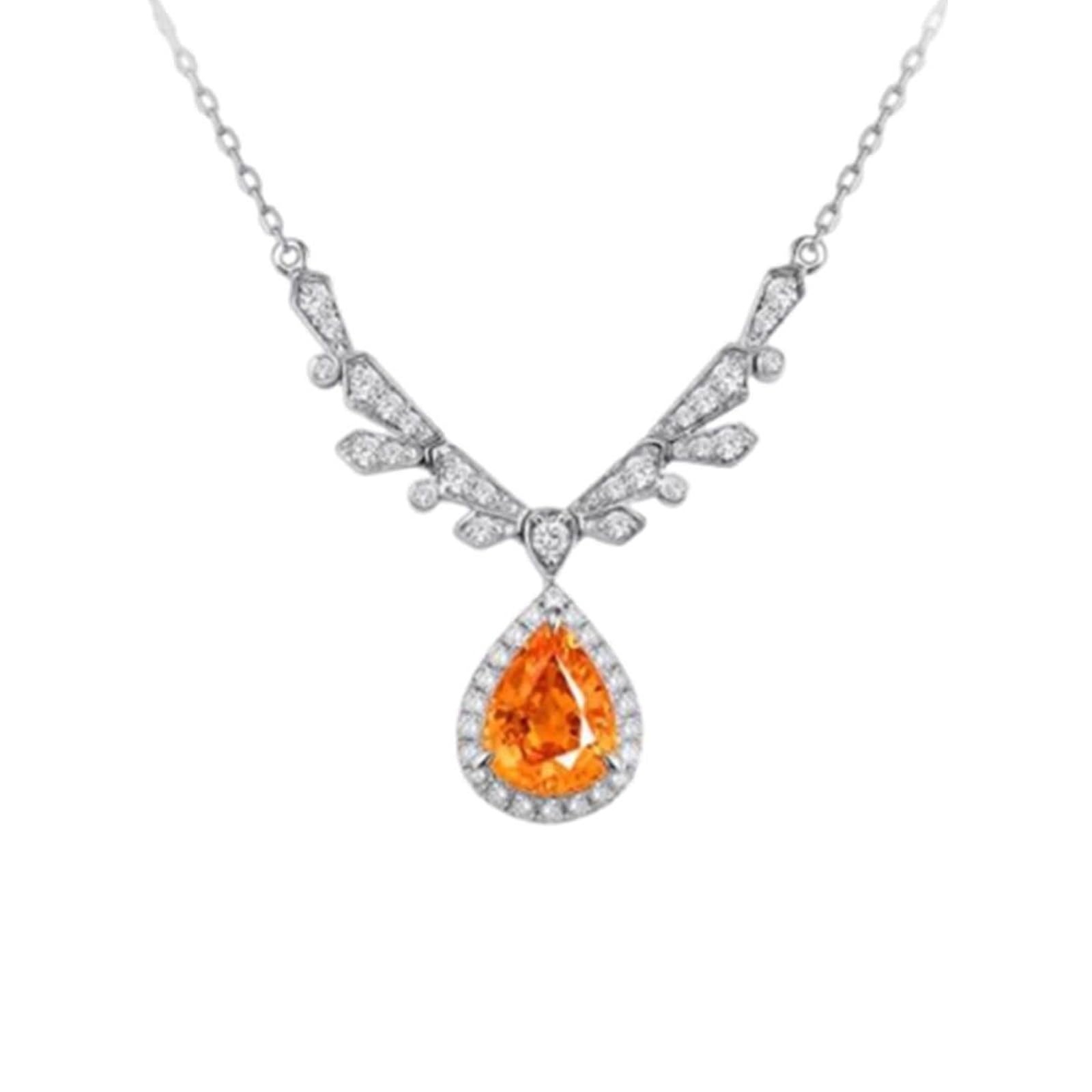 9K/14K/18K Gold Necklace, Luxury Teardrop Pendant with Mandarin Garnet 2ct and Pave Diamonds, Necklace White Gold for Women
