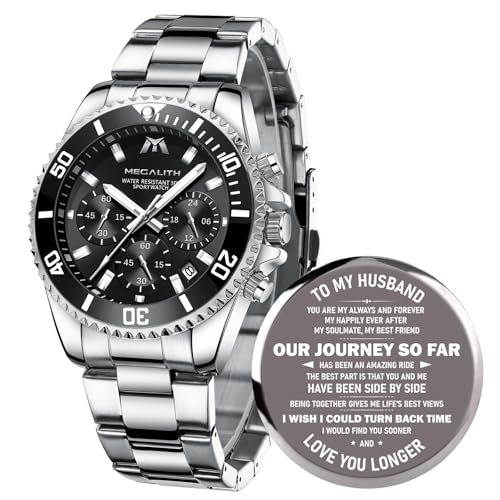 MEGALITH Montres Hommes pour Mari Argent: Chronographe Quartz Montre Bracelet en Acier Inoxydable - Montre Personnalisée pour Les Cadeaux d'anniversaire de Mariage du...