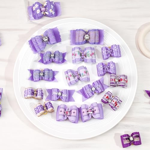 Yxiang 24 x Hundehaarschleifen, niedliche Hundehaarschleifen, Yorkie-Welpen, mit Gummiband, Fellpflegeschleifen, bunt, gepunktet, Hundehaarzubehör für kleine Hunde