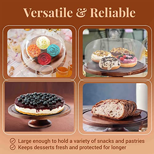 Koala's Home Acacia Wood Cake Stand with Real Glass Dome, Dessert Display, Decorative Kitchen Server, Multi-Purpose Use