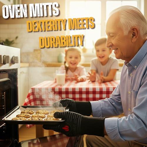 GRILL HEAT AID BBQ Grill Gloves 1472°F - Extreme Heat Resistant Oven Mitts for Grilling, Smoker & Fire Pit with Silicone Grip & EN407 Cut Resistance - Mid Cuff, Black